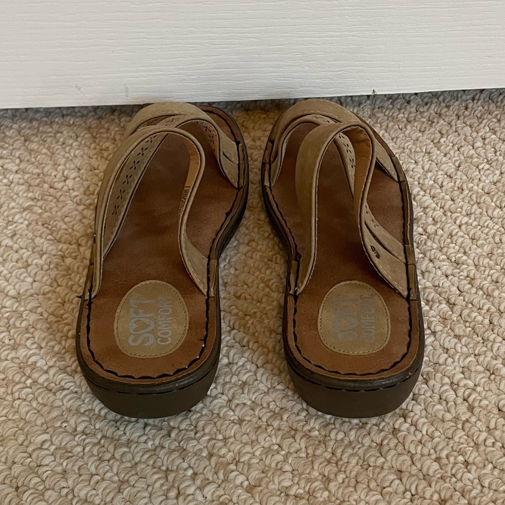 SOFT COMFORT Slide On Sandals in Tan with Detailed Cut Outs - Picture 9 of 11